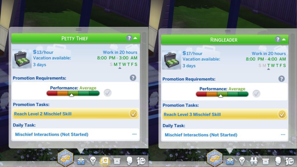 A screenshot from The Sims 4 showing 2 levels of the criminal career 
