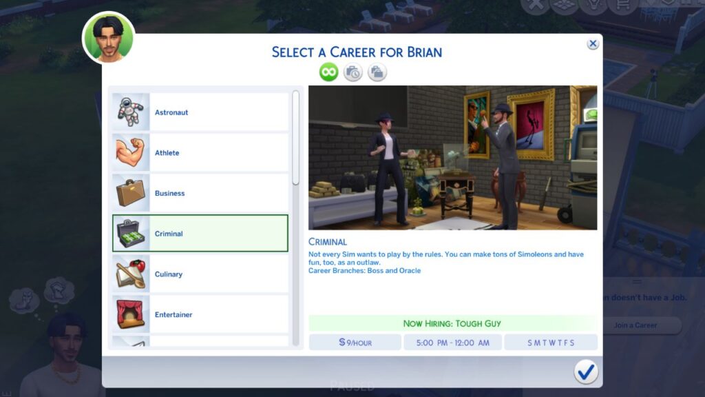 A screenshot from The Sims 4 of the criminal career panel 
