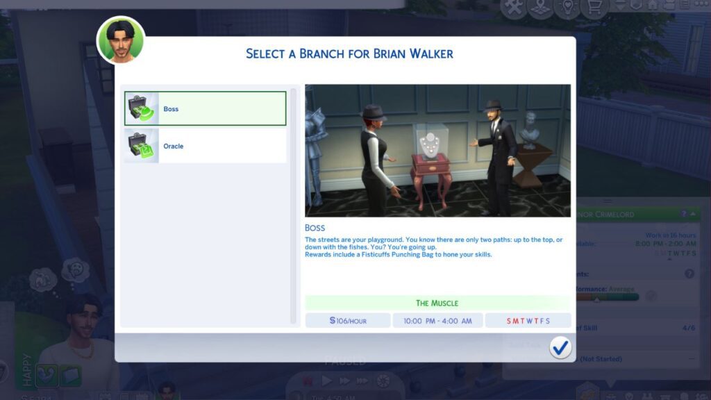 A screenshot from The Sims 4 showing the branch decision for the criminal career 