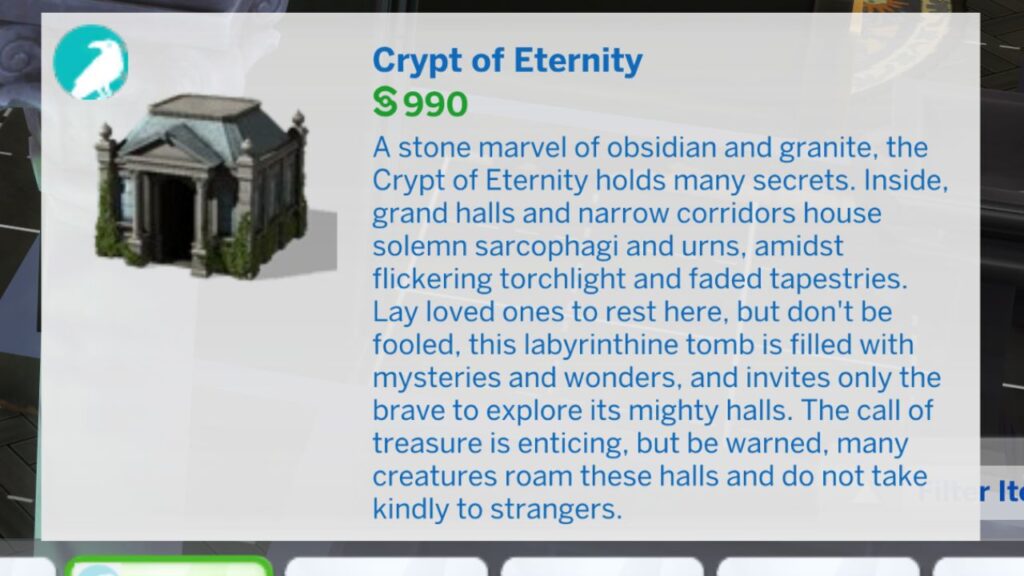 A screenshot from The Sims 4 showing the crypt of eternity item in build mode