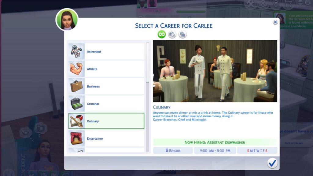 A screenshot from The Sims 4 showing the culinary career page