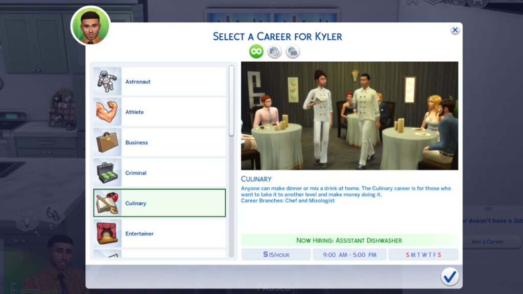 A screenshot from The Sims 4 showing the culinary career menu