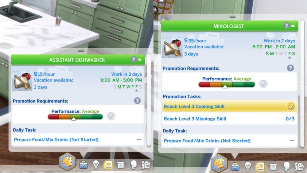 A screenshot from The Sims 4 showing the career menu for the culinary career twice