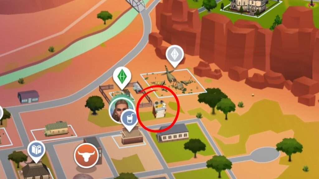 A screenshot from The Sims 4 showing the location of the curio shop
