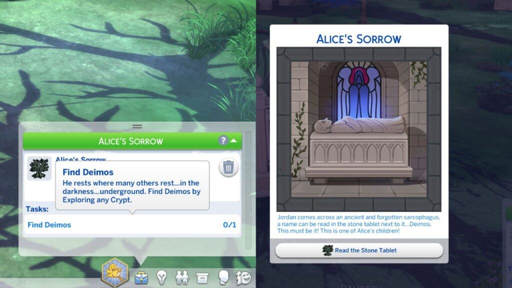 A screenshot from The Sims 4 showing where to find deimos in a crypt