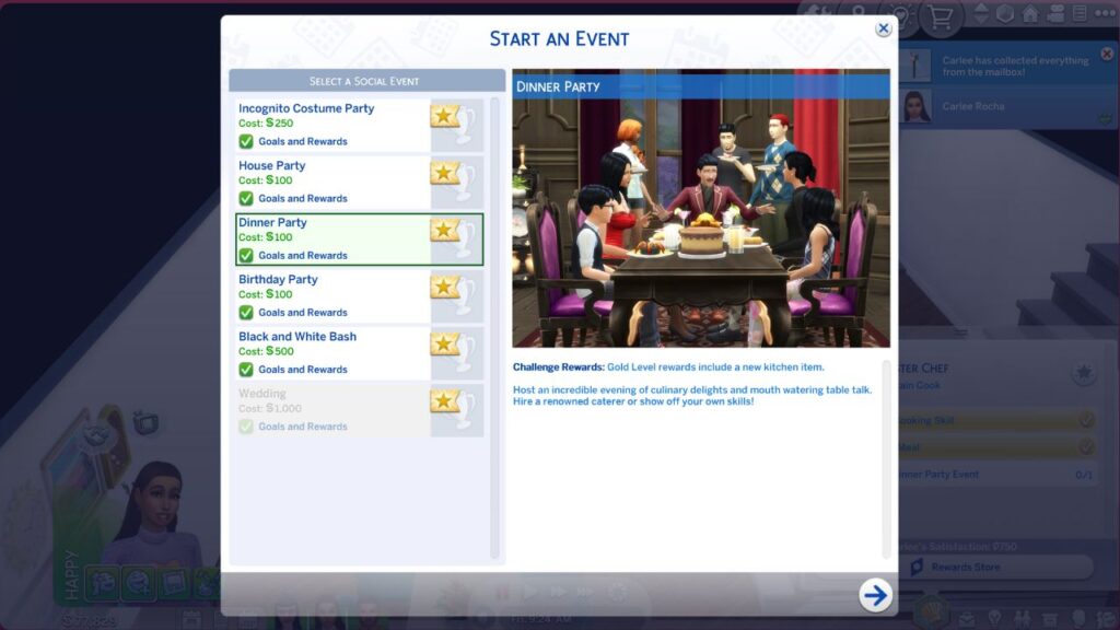 A screenshot from The Sims 4 showing the dinner part event