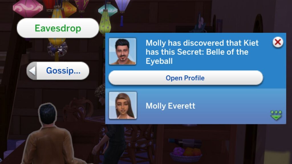 A screenshot from The Sims 4 showing how to get secrets from eavesdropping