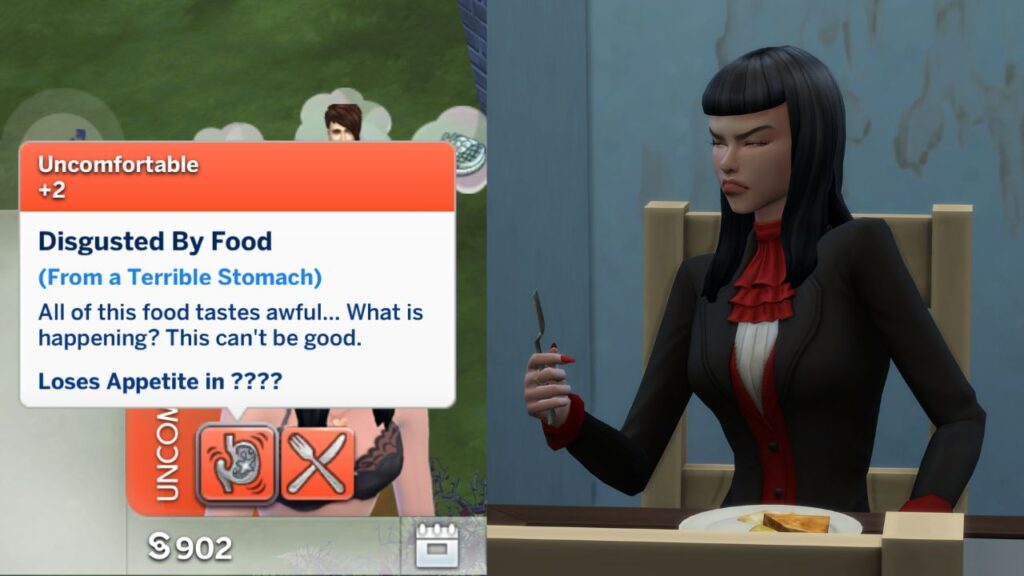 A screenshot from The Sims 4 showing the disgusted by food moodlet you get when turning to vampire