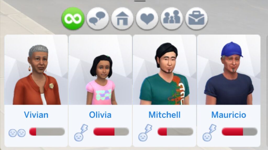 A screenshot from The Sims 4 of a sim's relationship panel with negative relationships 