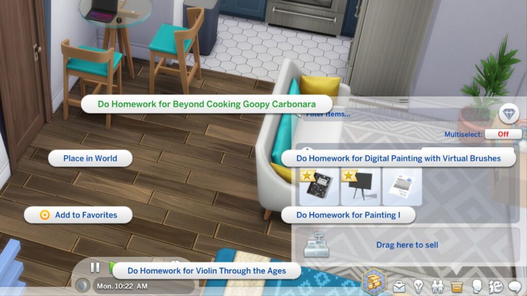 A screenshot from The Sims 4 showing how to do homework in the sims 4