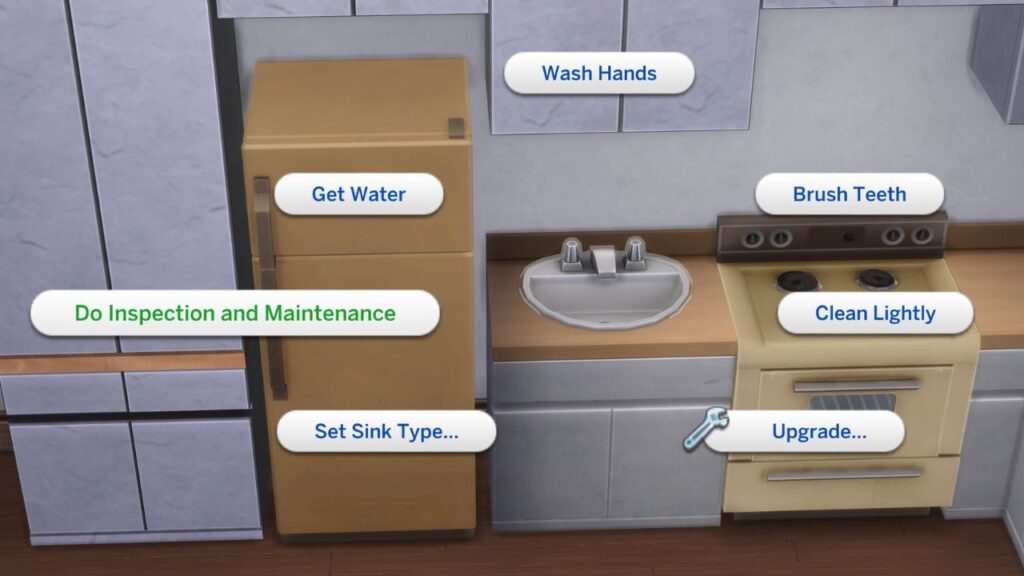 A screenshot from The Sims 4 showing the options to do inspection and maintenance on a fridge