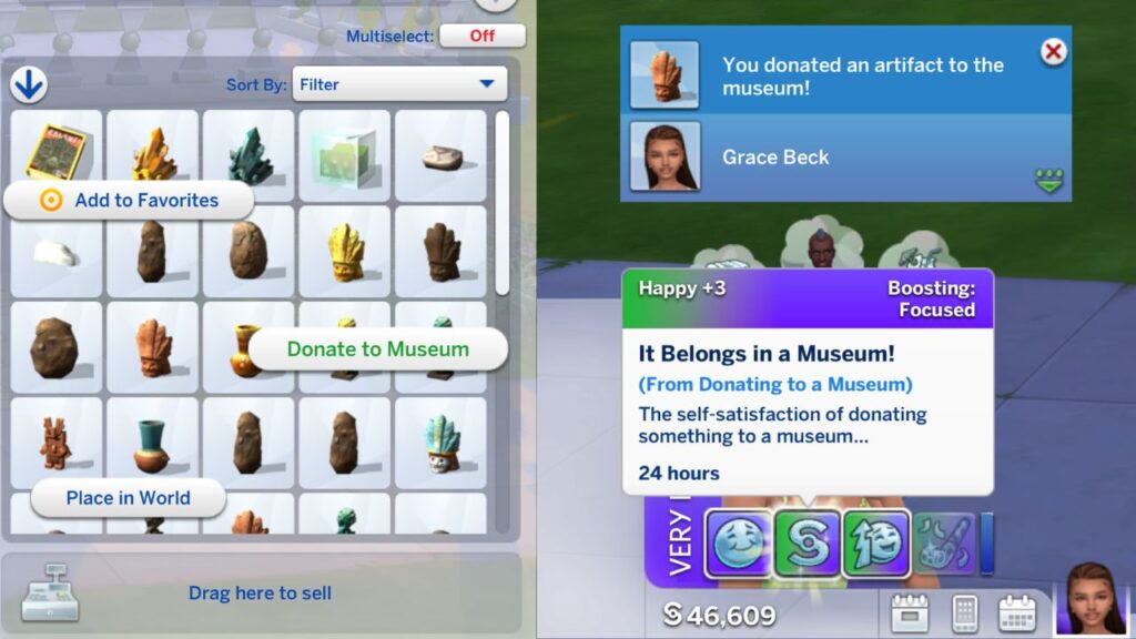 A screenshot from The Sims 4 showing how a sim with the museum patron trait can donate artifacts to museums