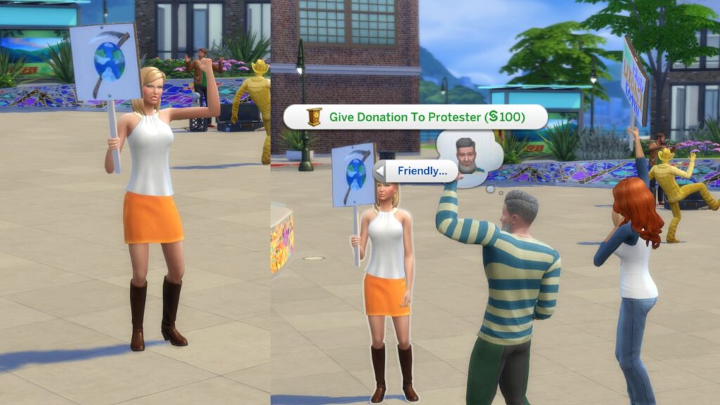 A screenshot from The Sims 4 showing the option to donate to a protester