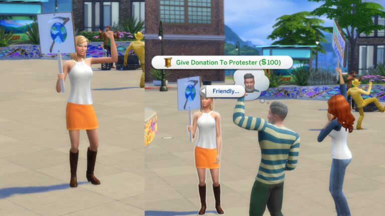 A screenshot from The Sims 4 showing the option to donate to a protester