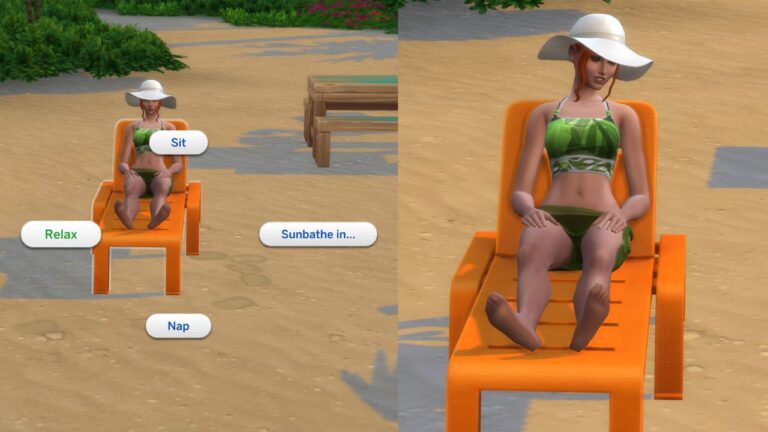 A screenshot from The Sims 4 showing the option to relax on a lounge chair and a sim sleeping