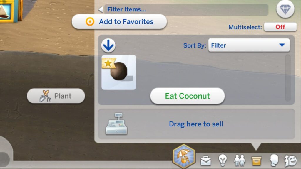 A screenshot from The Sims 4 showing a coconut in a sim's inventory with Eat Coconut highlighted
