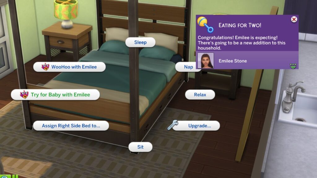 A screenshot from the sims 4 showing how you can get pregnant