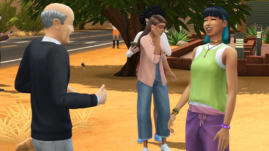 A screenshot from The Sims 4 showing a sim eavesdropping on a conversation