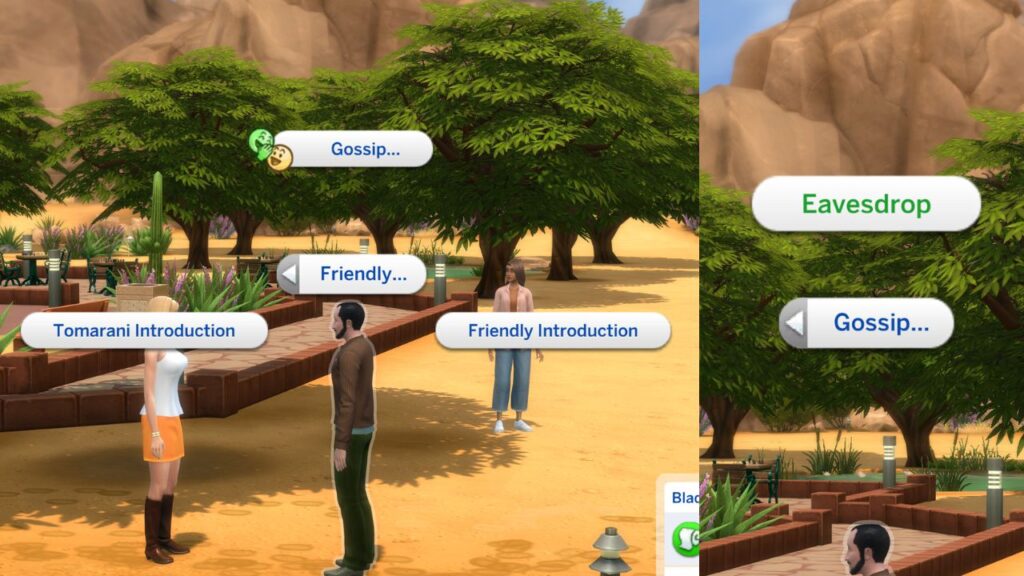 A screenshot from The Sims 4 showing how to eavesdrop on a sim's conversation with the friendly menu open