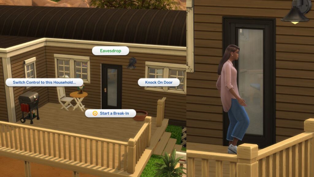 A screenshot from The Sims 4 showing how to eavesdrop on a sim's door