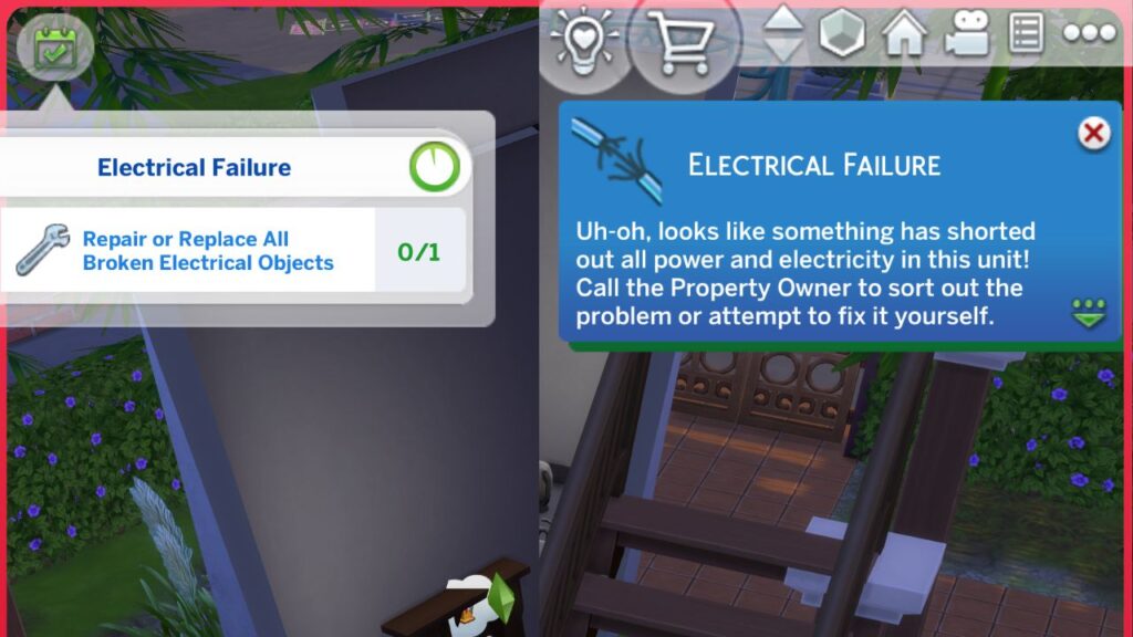 a screenshot from the sims 4 showing an electrical failure in a rental unit