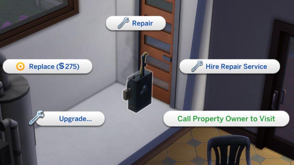 a screenshot from the sims 4 showing the option to call property owner to visit when an emergency happens