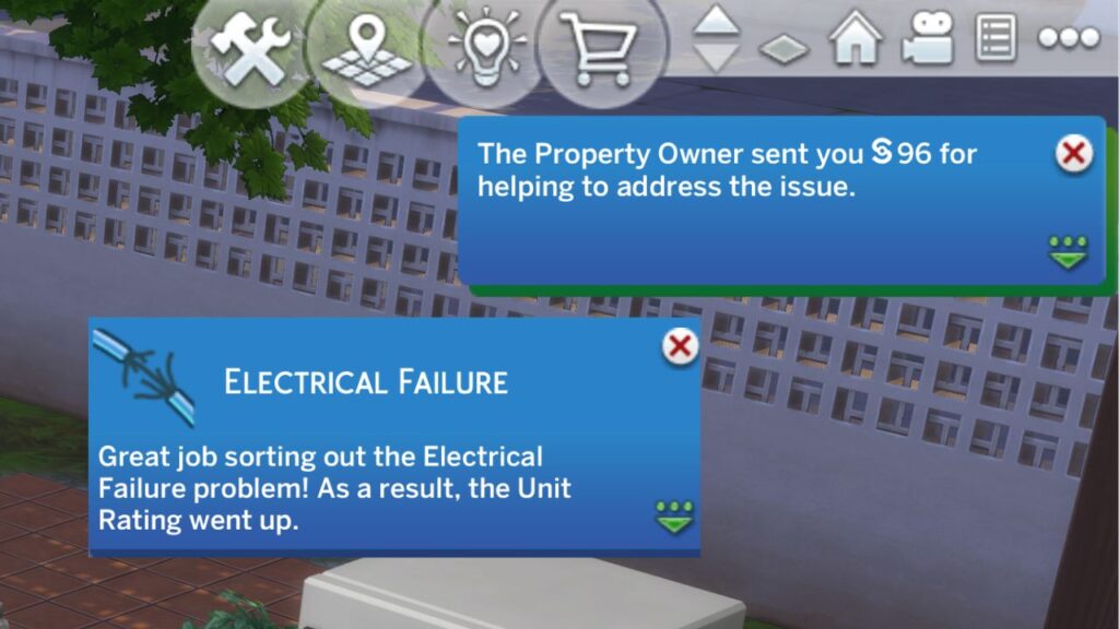 a screenshot from the sims 4 showing the electrical failure notifications when you fix it in a rental