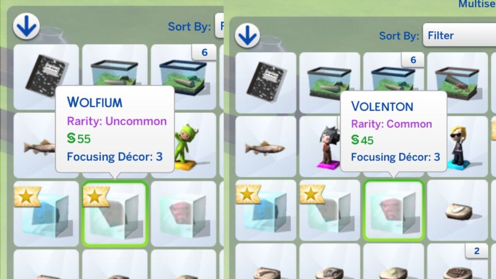 A screenshot from The Sims 4 showing the elements you get when you send crystals to the geo council