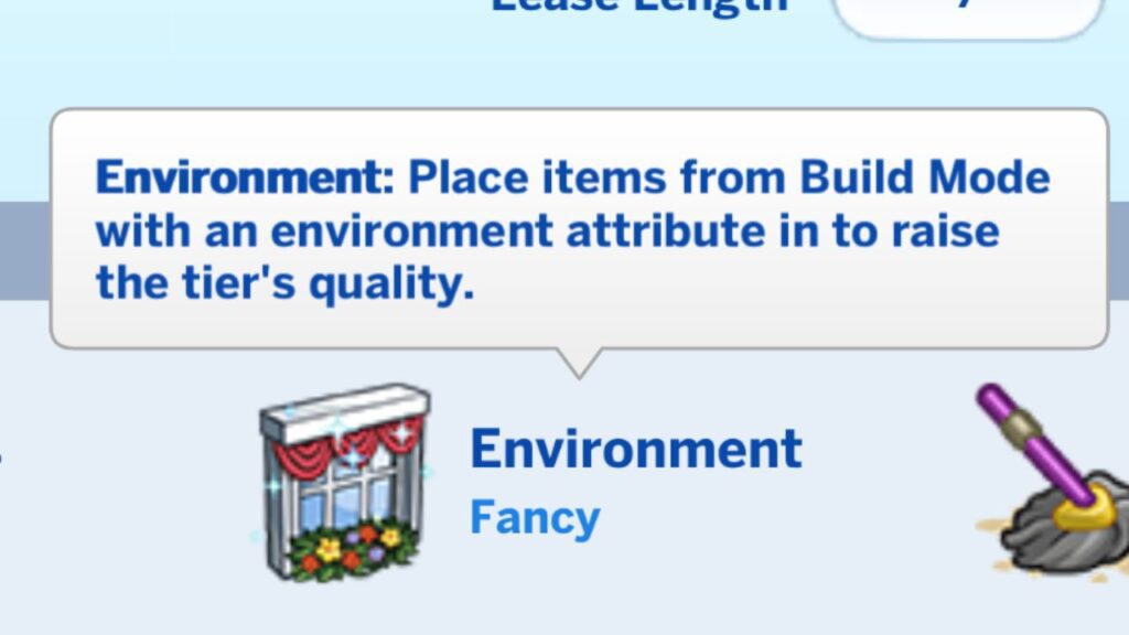 A screenshot from The Sims 4 showing the environment description for rentals