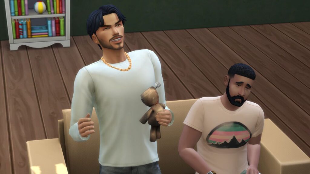 A screenshot from The Sims 4 showing a sim looking evil holding a doll