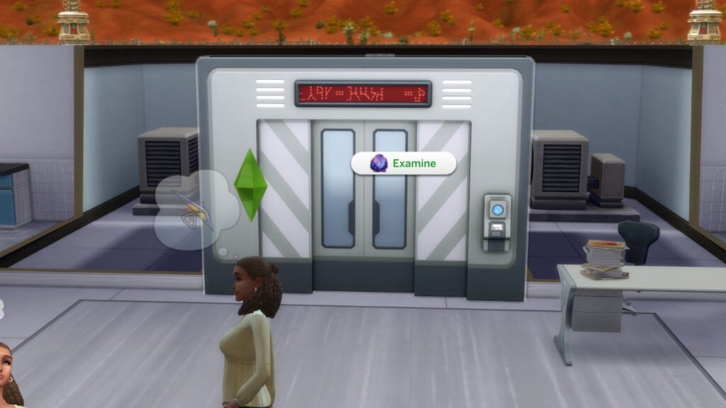 A screenshot from The Sims 4 showing the option to examine the door at the secret lab
