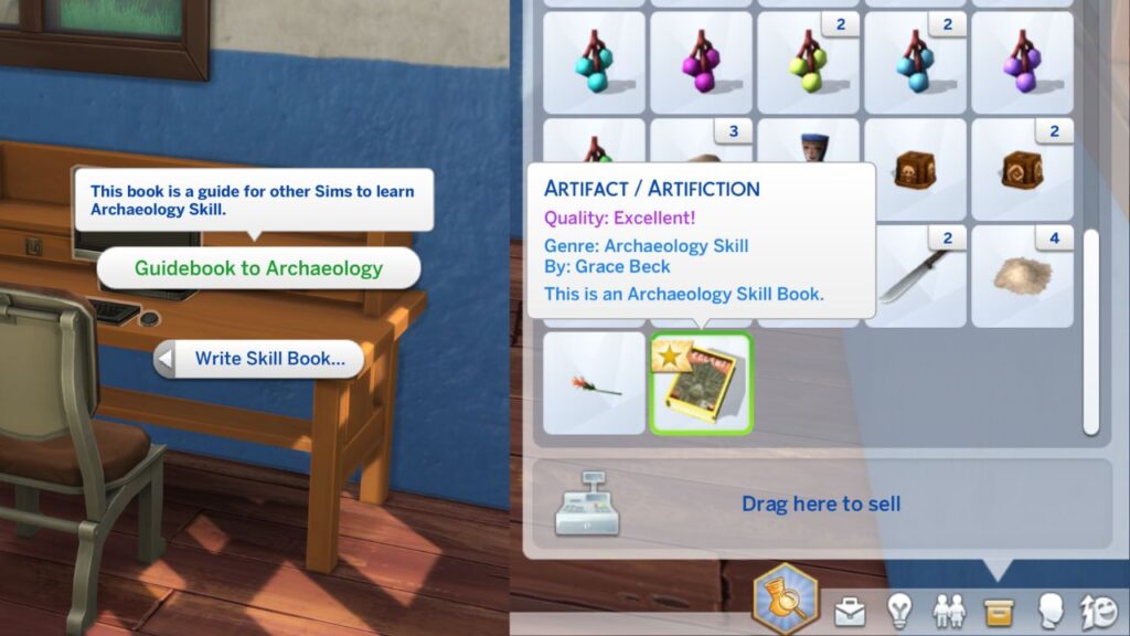 A screenshot from The Sims 4 showing how to write a guidebook to archaeology and an excellent quality guidebook in a sim's inventory