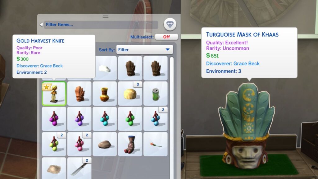 A screenshot from The Sims 4 showing a poor quality artifact and an excellent quality artifact