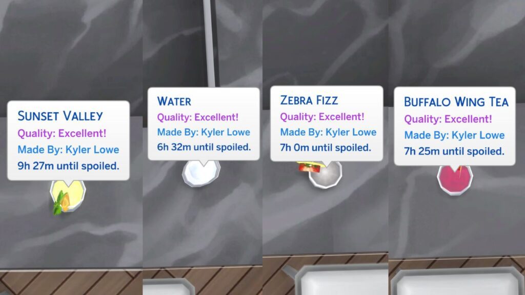 A screenshot from The Sims 4 showing a bunch of excellent quality drinks