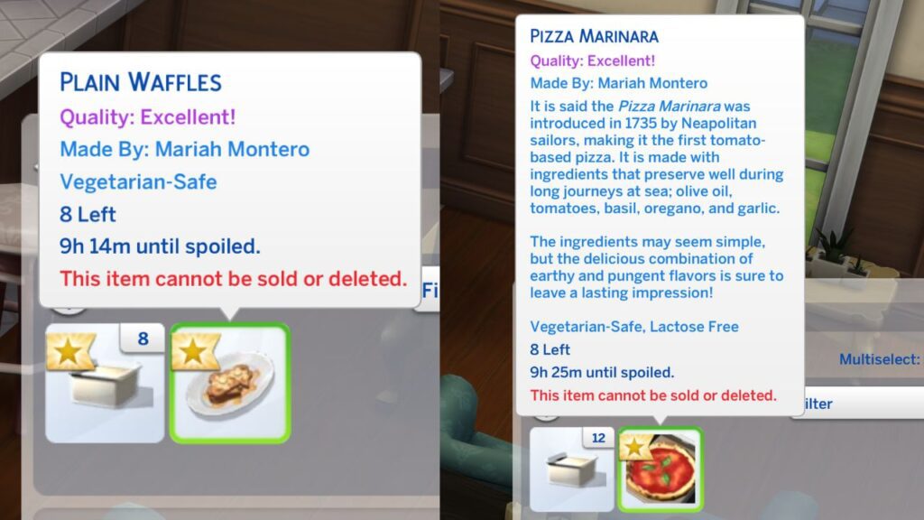 A screenshot from The Sims 4 showing an excellent quality pizza and waffles