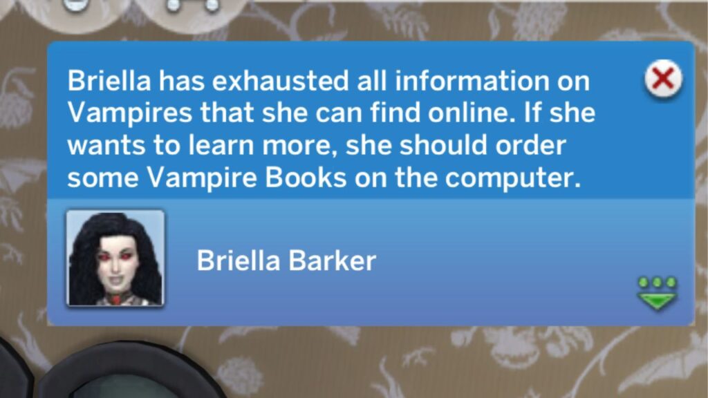 A screenshot from The Sims 4 showing the notification you get if you exhaust information on vampires on a computer