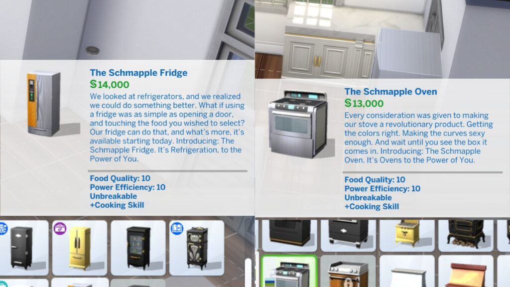 A screenshot from The Sims 4 showing the build mode catalog for the schmapple oven and fridge