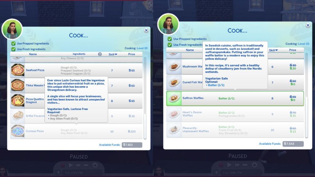 A screenshot from The Sims 4 showing the options for both pizza and waffles to make expensive food to sell