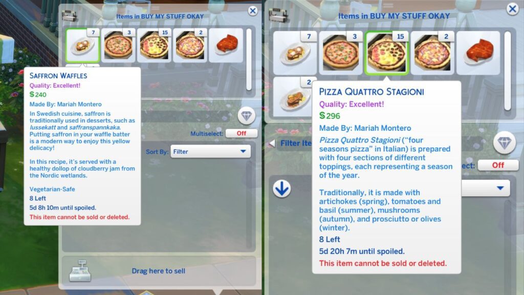 A screenshot from The Sims 4 showing the prices you can sell Saffron Waffles for