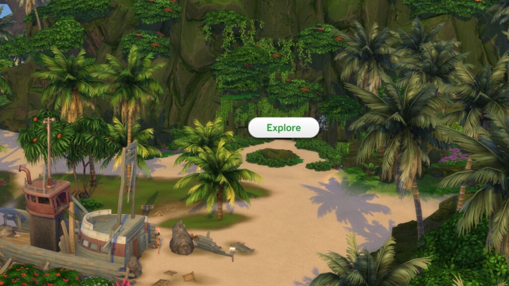 A screenshot from The Sims 4 showing the explore option on the beach cave in Sulani