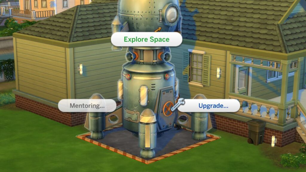 A screenshot from The Sims 4 showing a rocket ship with the Explore Space option highlighted