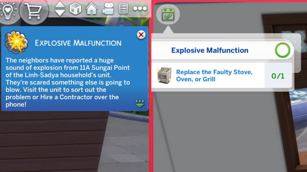 A screenshot from The Sims 4 showing the explosive malfunction situation that happens at rentals