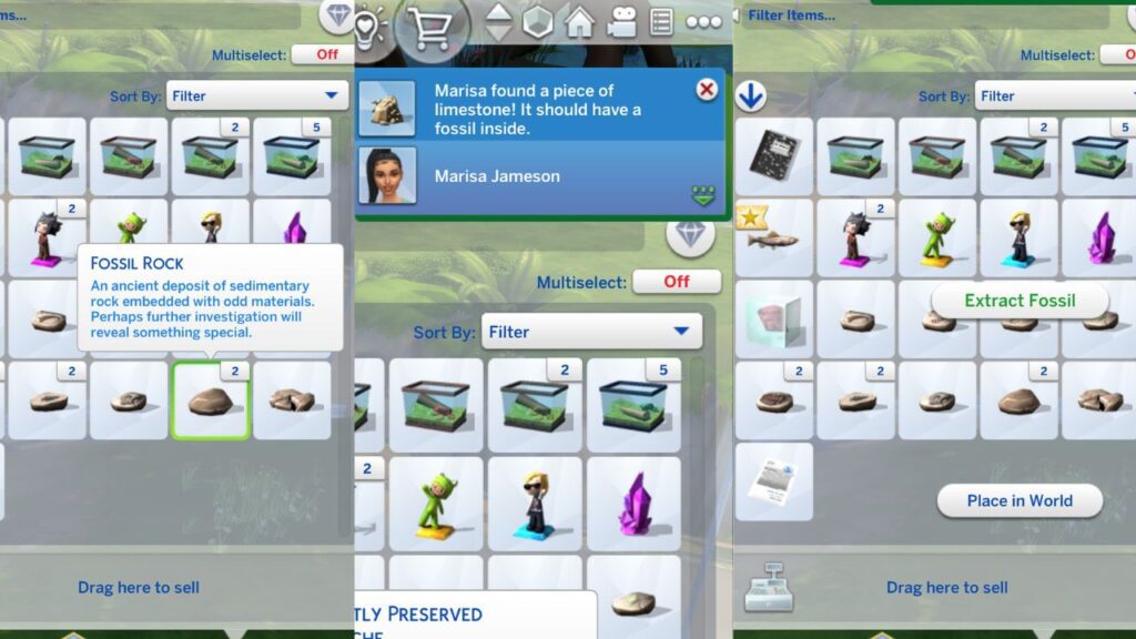 A screenshot from The Sims 4 showing how to extract a fossil from a rock for the curator aspiration