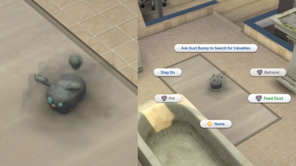 A screenshot from The Sims 4 showing a dust bunny on the floor and the option to feed dust highlighted