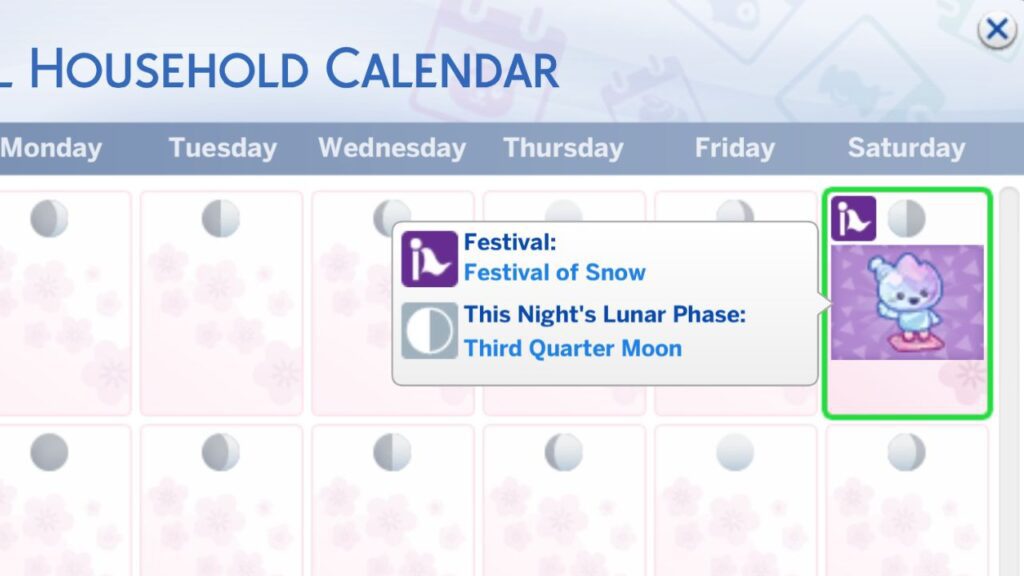 A screenshot from The Sims 4 showing the festival of snow in a household calendar