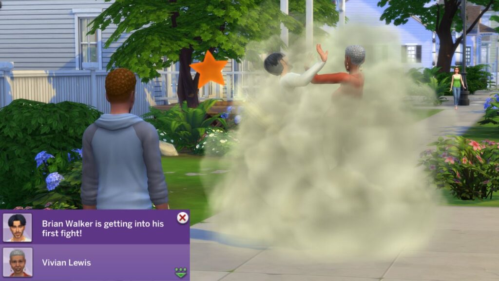 A screenshot from The Sims 4 showing two sims getting into a fight 