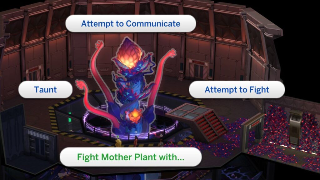 A screenshot from The Sims 4 showing the option to fight mother plant with other sims 