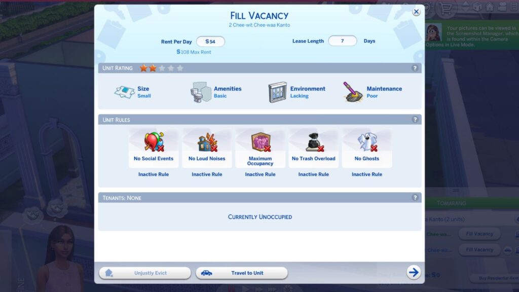 A screenshot from The Sims 4 showing the fill vacancy menu showing the amenities, environment and maintenance
