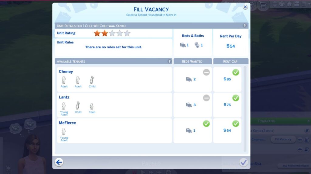 A screenshot from The Sims 4 showing how to fill a vacancy in a residential unit with the menu to pick a tenant