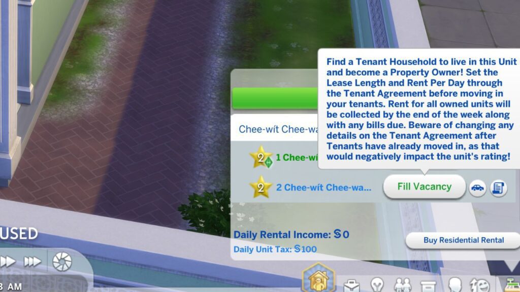 A screenshot from The Sims 4 showing how to fill a vacancy in a residential rental